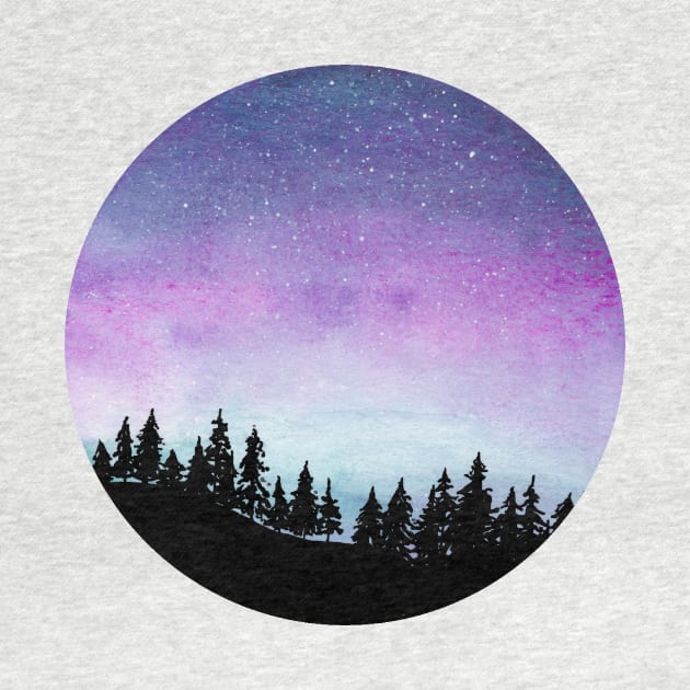 Purple and Blue Galaxy Sky - Watercolour Landscape with Tree Silhouette by Flowering Words